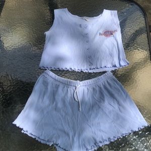 Medium blue crop top and high waisted shorts